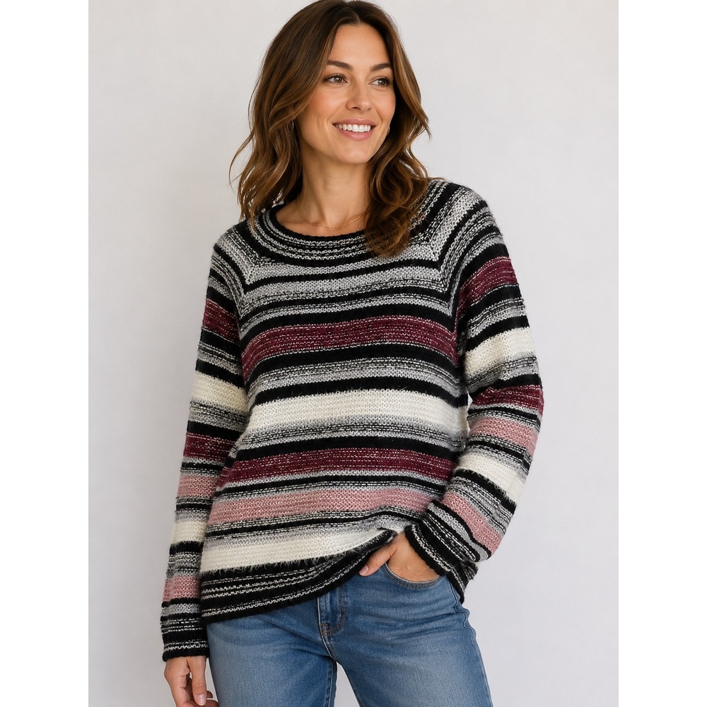 VENUS Sweater Women's Medium Purple Black Oversized Striped Long Sleeve Pullover